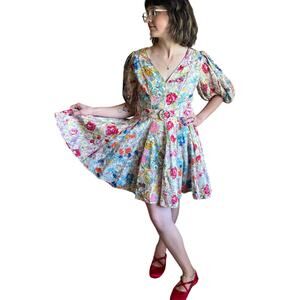 Zimmermann Clover Belted Linen Floral Fit & Flare Puff Sleeve Dress Size 1 US 4